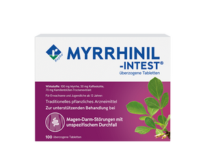 Hier sieht man MYRRHINIL-INTEST. Dieses Arzneimittel enthält Kamille, Kaffeekohle und Myrrhe und wird bei Magen-Darm-Störungen die mit Krämpfen, Blähungen und Durchfällen einhergehen eingesetzt.