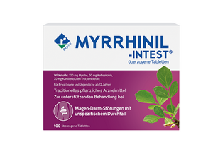 Hier sieht man MYRRHINIL-INTEST. Dieses Arzneimittel enthält Kamille, Kaffeekohle und Myrrhe und wird bei Magen-Darm-Störungen die mit Krämpfen, Blähungen und Durchfällen einhergehen eingesetzt.