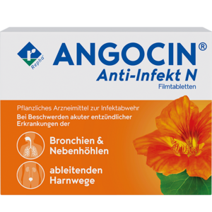 Hier sieht man eine Packung von ANGOCIN® Anti Infekt N. Das ist ein pflanzliches Arzneimittel aus Kapuzinerkresse und Meerrettich. Es wird bei Blasenentzündungen und Erkältungen eingesetzt.