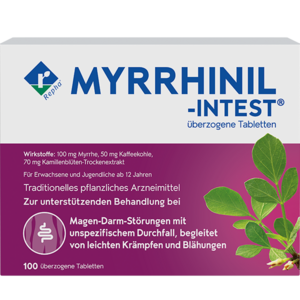 MYRRHINIL-INTEST® ist aufgrund seiner Dreifach-Wirkstoffkombination einzigartig: Myrrhe, Kaffeekohle und ein Trockenextrakt aus Kamillenblüten.