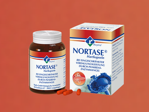 Hier sieht man NORTASE®, das ist ein Enzympräparat, das bei einer Verdauungsschwäche infolge eines Mangels an Verdauungsenzymen der Bauchspeicheldrüse (Pankreas) eingesetzt wird.