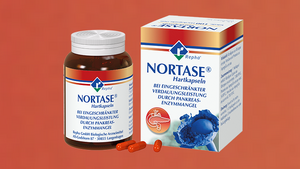 Hier sieht man NORTASE®, das ist ein Enzympräparat, das bei einer Verdauungsschwäche infolge eines Mangels an Verdauungsenzymen der Bauchspeicheldrüse (Pankreas) eingesetzt wird.